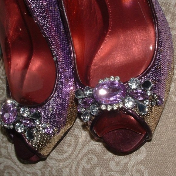 Nina Gold Purple Sequin Crystal Peep Toe Heels - Picture 6 of 9